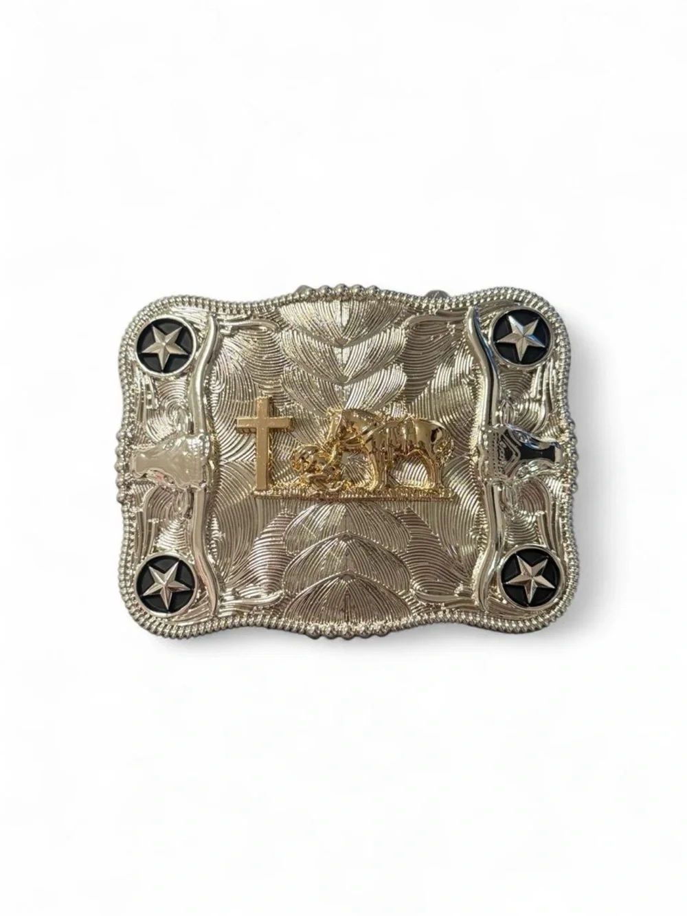 Western Silver Tone Decorative Buckle with Gold Accents
